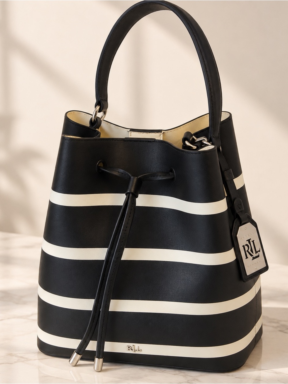 Lauren Ralph Lauren Black Ivory Striped Genuine Leather Bucket Bag RLL